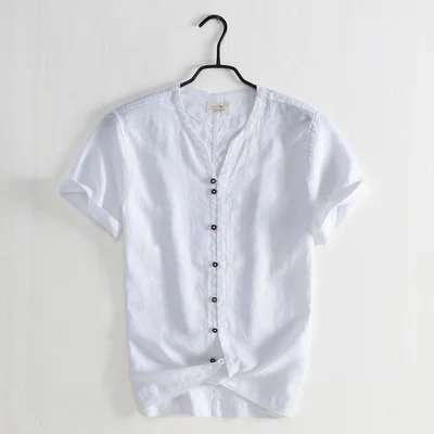 

Summer V-neck casual men's linen shirt simple retro white short-sleeved youth Slim breathable cotton shirt
