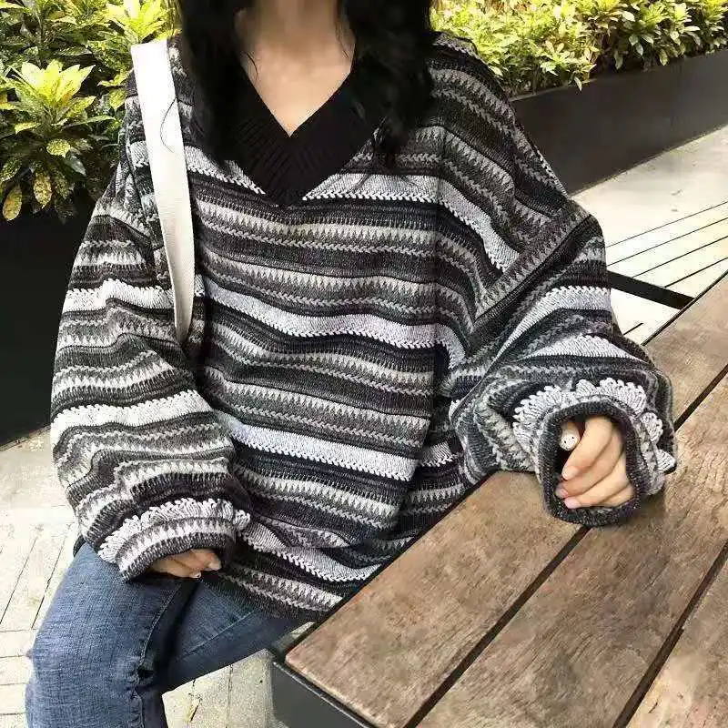 

Women Pullovers Oversized V-Neck Knit Jumper Vintage Cozy Striped Grandpa Sweater Grunge Aesthetic Outfit