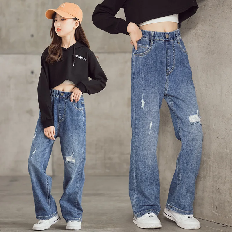 

2023 autumn winter Teen boys Girls blue Jeans Casual Fashion Straight leg Kids flared Pants Child Trousers 4 6 8 10 12 14 Years