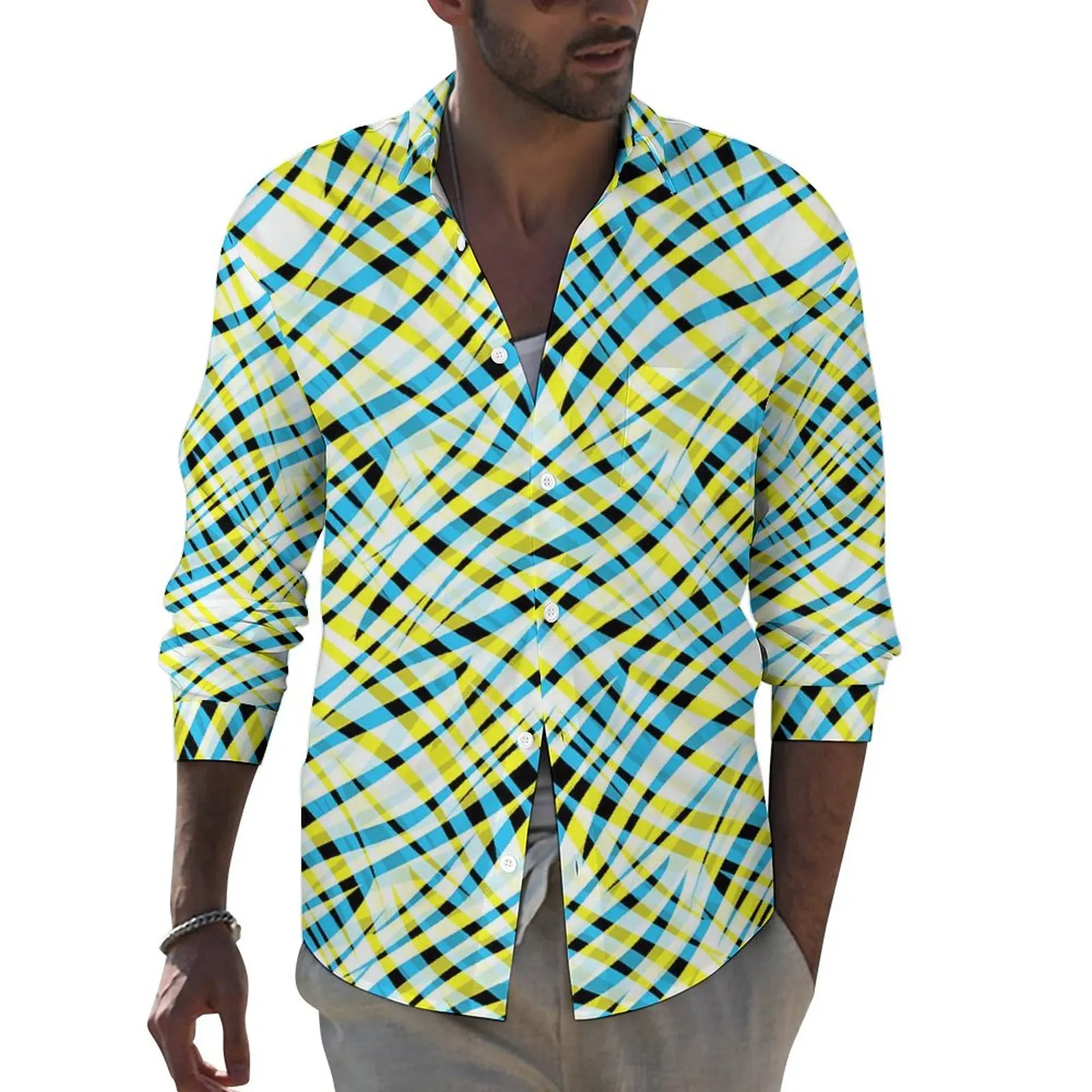 

Рубашка мужская оверсайз с геометрическим принтом, стильная блузка с абстрактным изгибом, с длинным рукавом, в винтажном стиле, Повседневная весенняя одежда