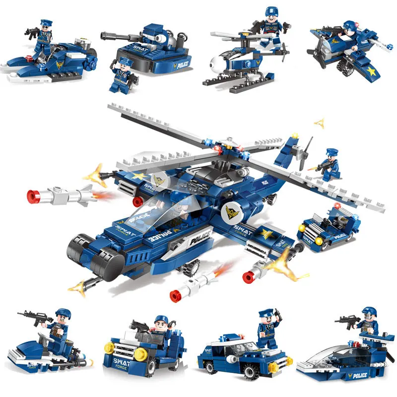 

Police Car Series Assembled Buildin Blocks Combined Into Helicopter Small Particles Bricks Action Figures Model Kit Toy