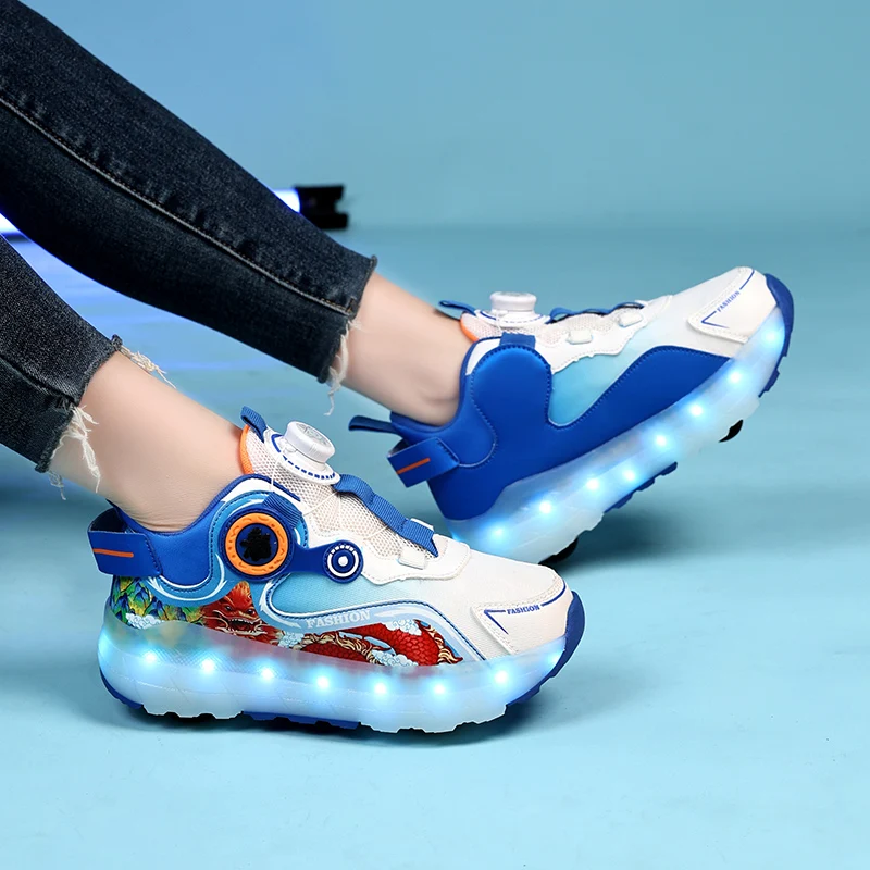 Детская светодиодная обувь с четырьмя колесами черная подсветка для роликовых