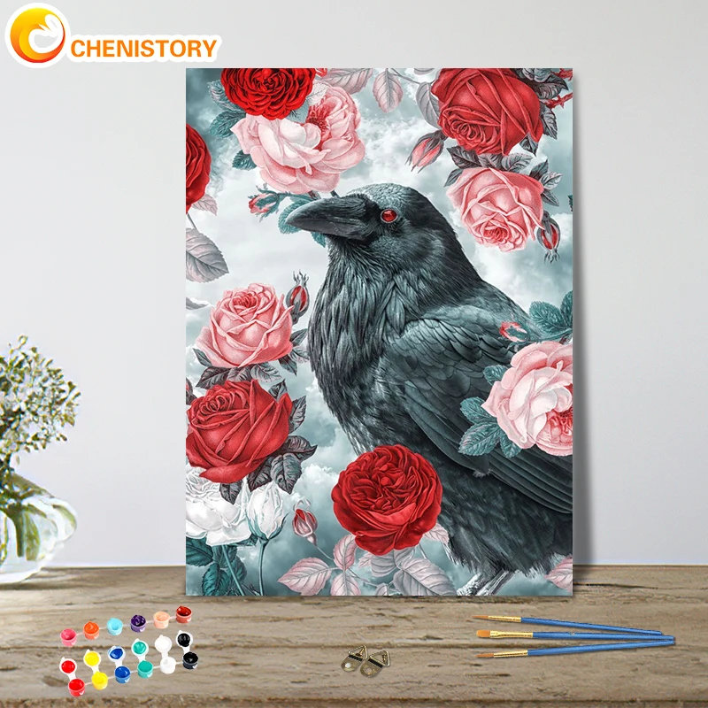 

CHENISTORY Rose Painting By Numbers For Adults Kits Handpainted Crow Animal On Canvas With Framed Oil Picture Drawing Wall Art