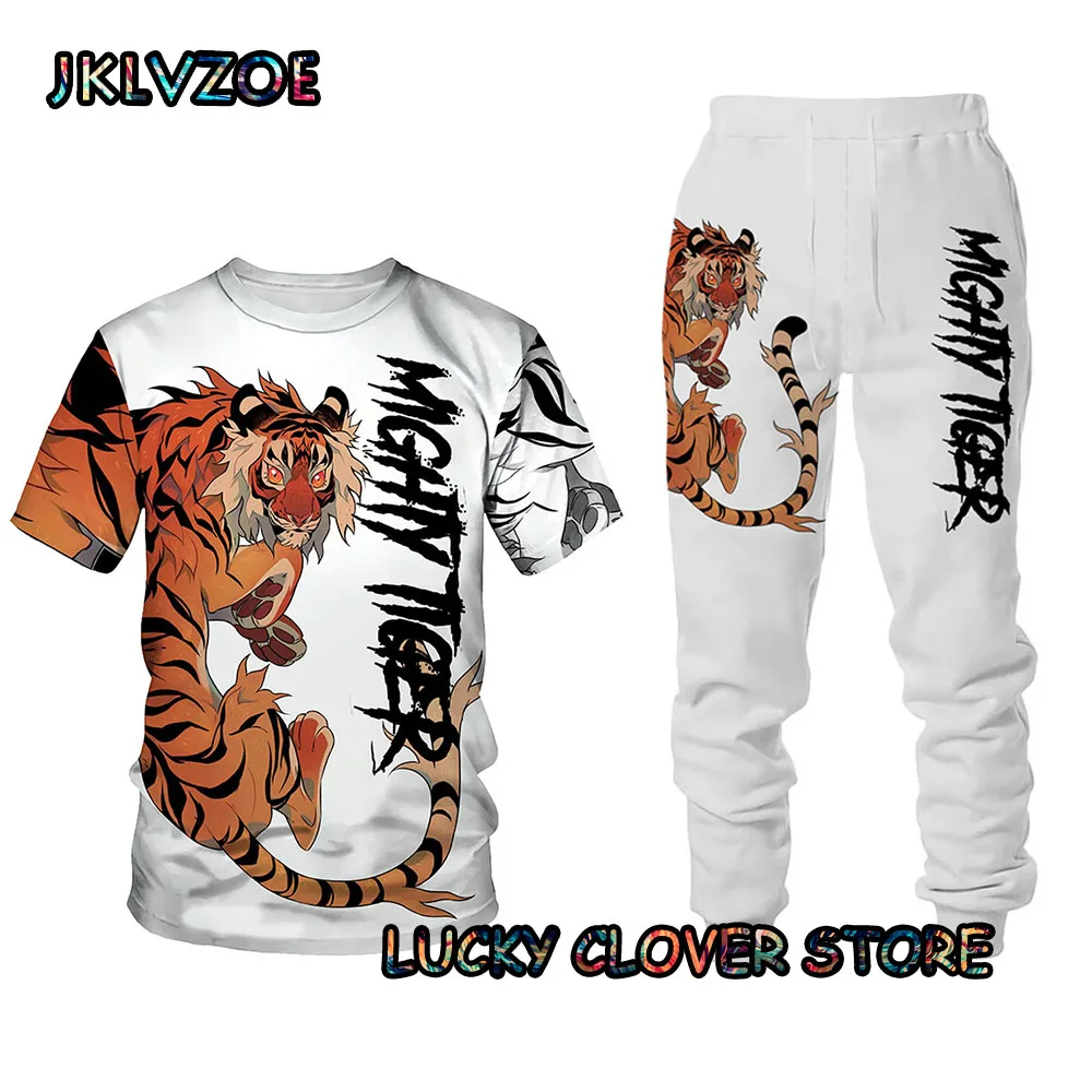 

2023 Summer Tiger Men's Trousers Tracksuit 2Piece Sets 3D Printing Short Sleeve T Shirt+Long Pants Funny Pattern Street Clothing
