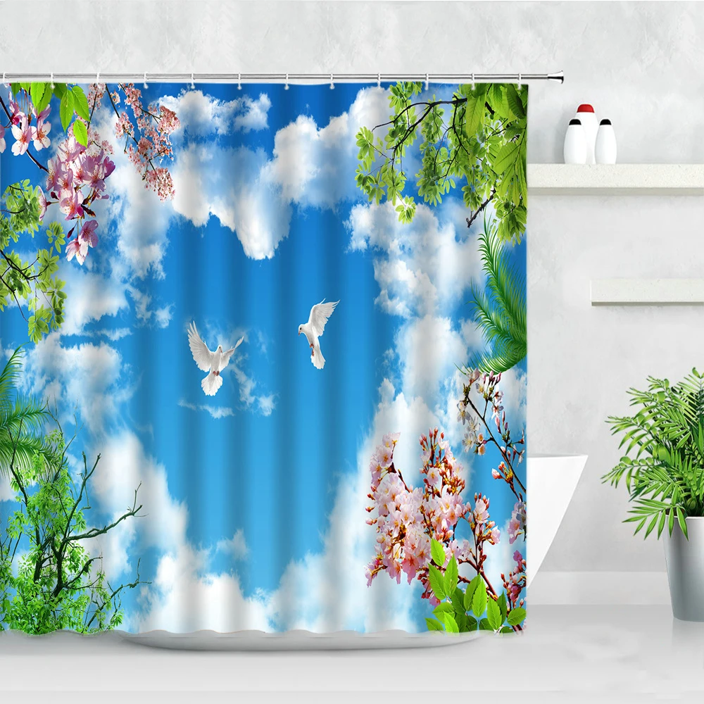 

Занавеска для душа, декоративная Водонепроницаемая Шторка для ванной из полиэстера, с изображением голубя, голубого неба, цветов, растений, зеленых деревьев, листьев