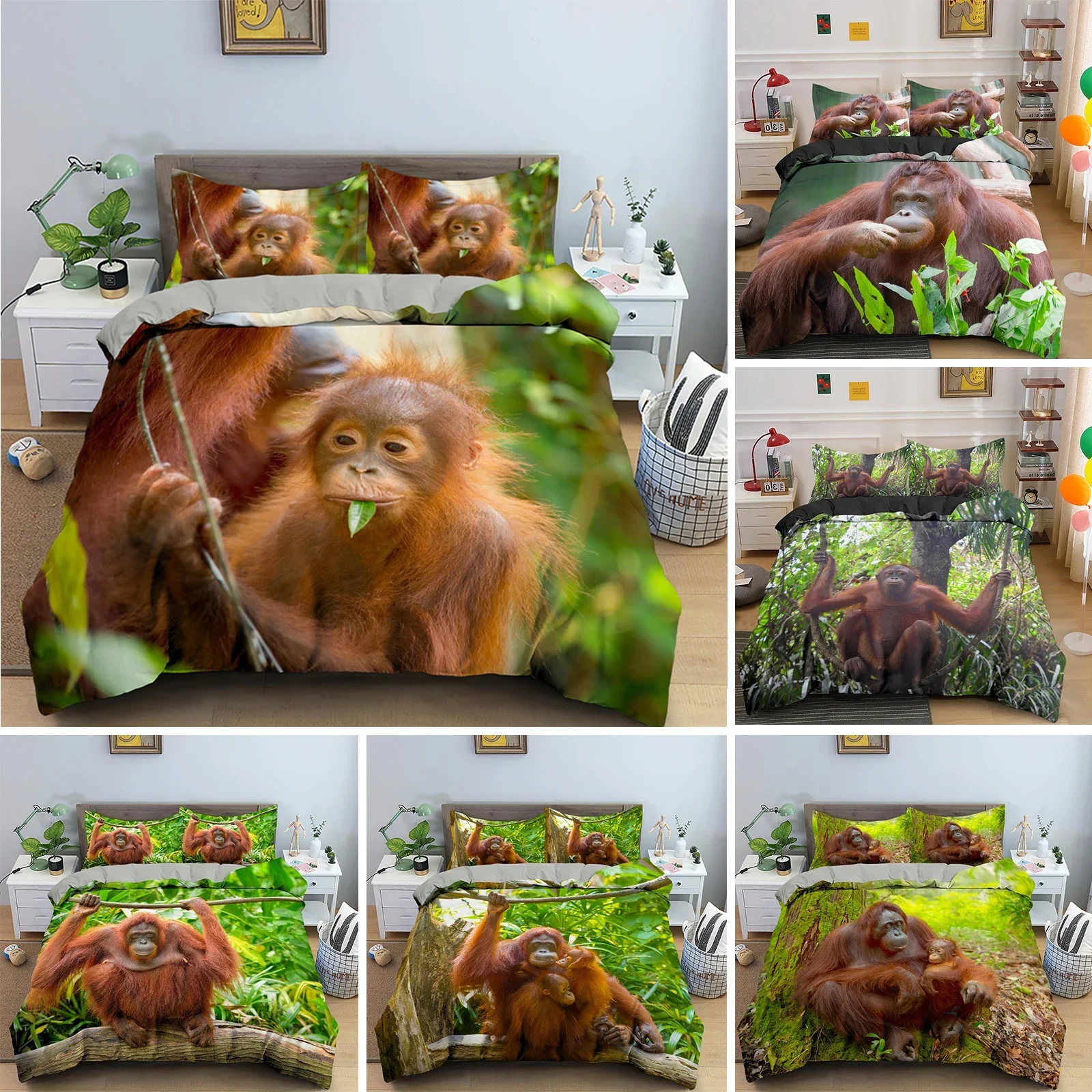 Orangutan Duvet Cover King Queen Size Cute Monkey Bedding Set Palm Leaves Tropical Botanical Polyester Comforter for Adult