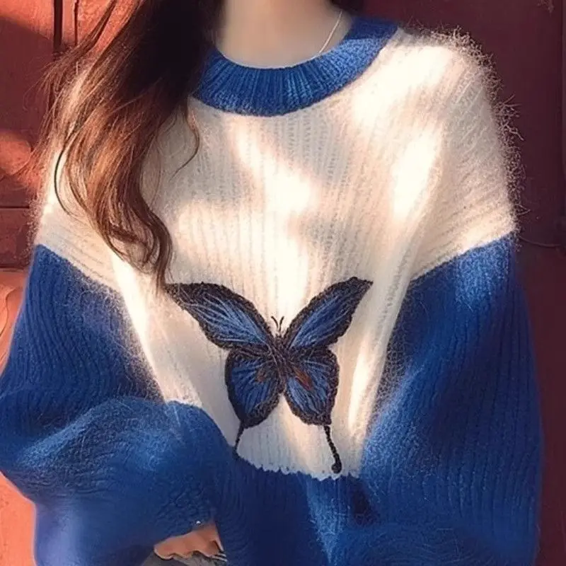 контрастный синий мягкий восковой свитер для женщин 2024 осень и зима новая