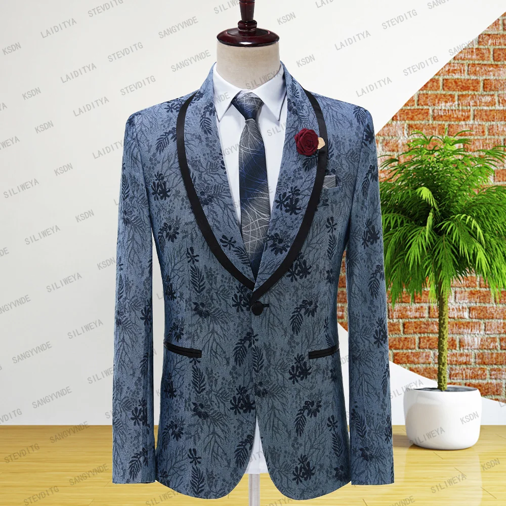 

2023 New Luxury Denim Blue Jacquard Floral Men's Wedding Suits Gentlemen Tuxedo Peaked Lapel 2 piece Jacket Slim Pant