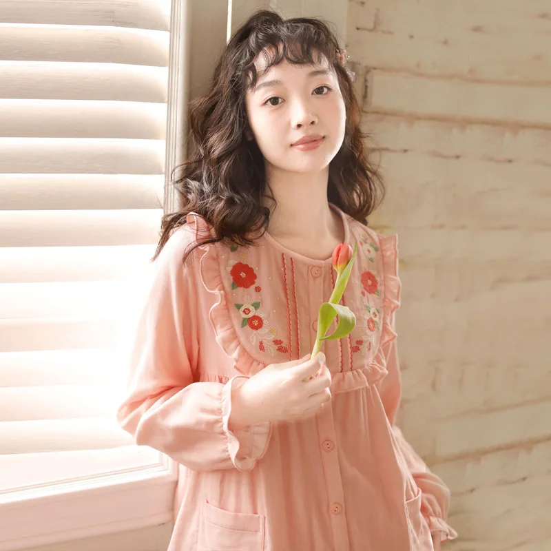 Pajamas 2023 New Spring Summer Sleepwear Cute Embroidered Long Sleeve Pants Pyjamas Women's Cotton Yarn Home Clothes Loungewear