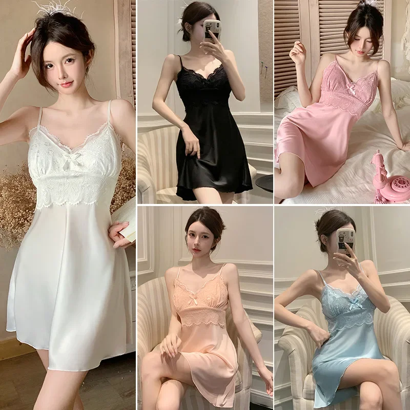Women's Summer Ice Silk Thin Section Sexy Pure Desire Aesthetic Tank Sleep Dress Comfortable Homewear With Chest Pad