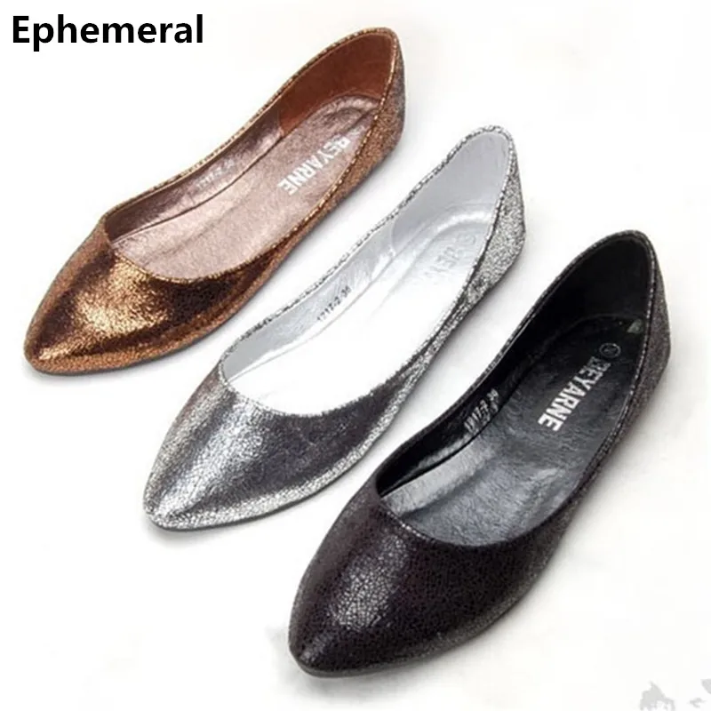 

Lady Big Size 33-48 Soft Comfortable Leisure Pointed Toe Flattie Blasting Cracks Thin Shoes In Spring Summer Silver Black Brown