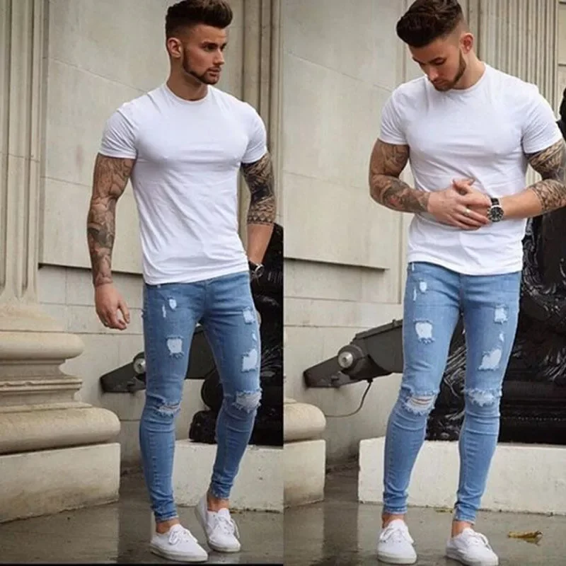 

ITFABS Newest Arrivals Fashion Hot Men's Long Straight Leg Slim Fit Casual Hole Strech Denim Pants Skinny Jeans Clubwear