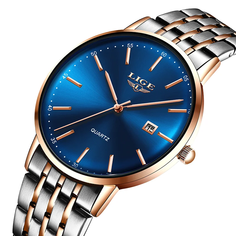 Часы наручные LIGE Мужские кварцевые брендовые Роскошные модные ультратонкие
