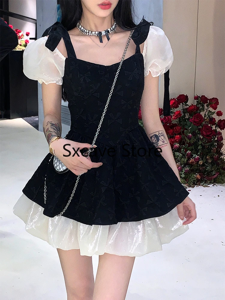 

2022 Summer Chic Gothic Black Y2k Mini Dress Women Casual Birthday Party Dress Patchwork Elegant Office Lady Even Korean Dresses