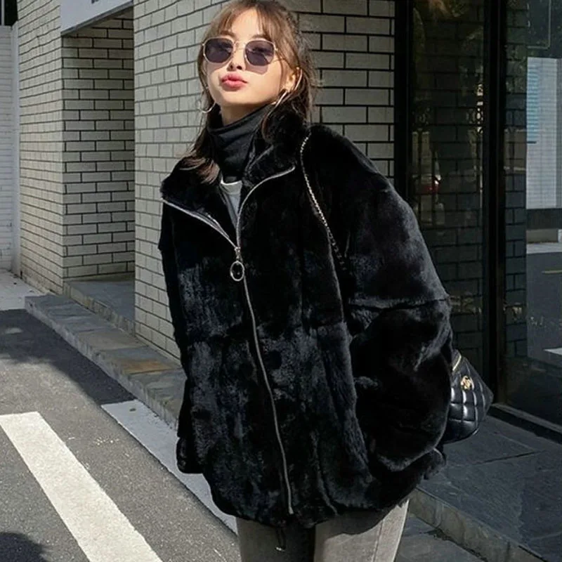 Parkas Women's Outdoors Coats Jackets 2022 Winter Faux Fur Rabbit Splicing Stand Collar Keep Warm Cardigan Casual Jacket Woman