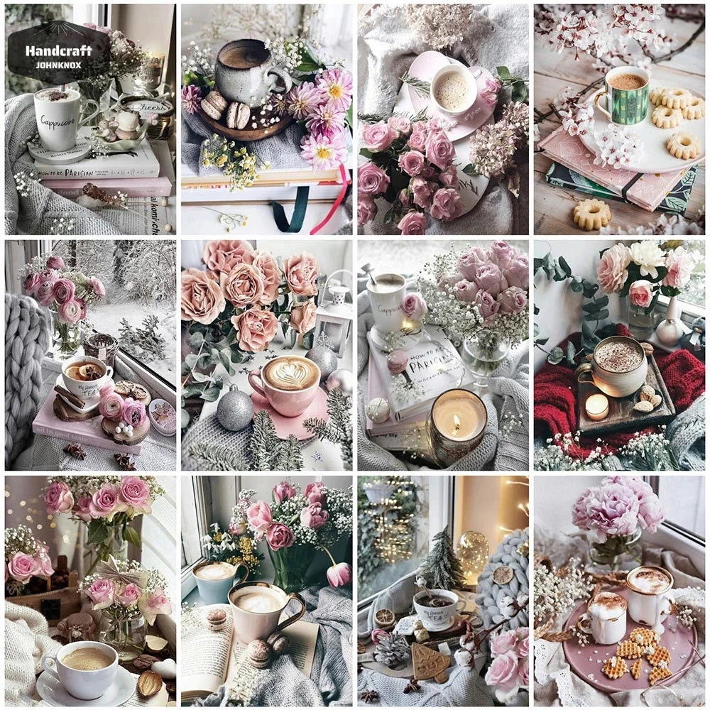 

Flower Coffee 5D Diy Dessert Poster Canvas Painting Diamond Painting Mosaic Full Round&Square Diamond Cross Stitch Room Decor