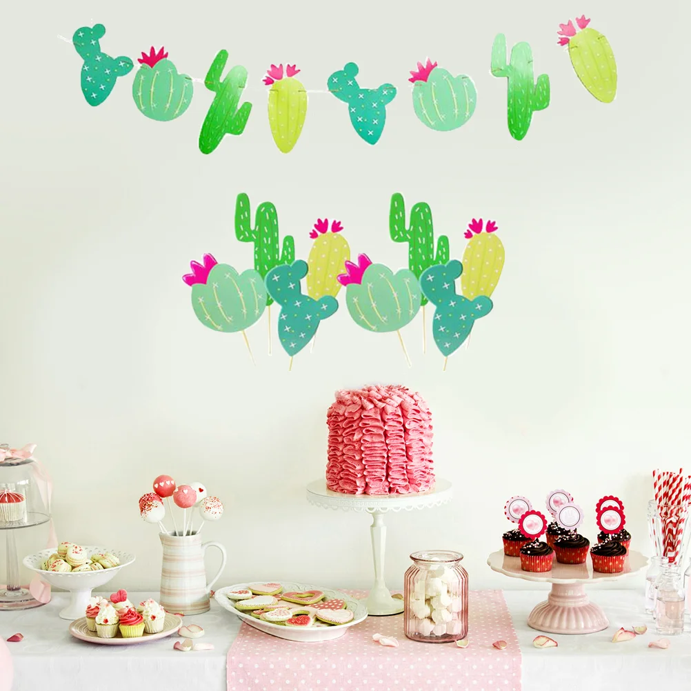 

25 Pcs Cactus Banner and Set Mexican Themed Party Cactus Garland Cake Picks Summer Tropical Wedding Party Decor (Green)