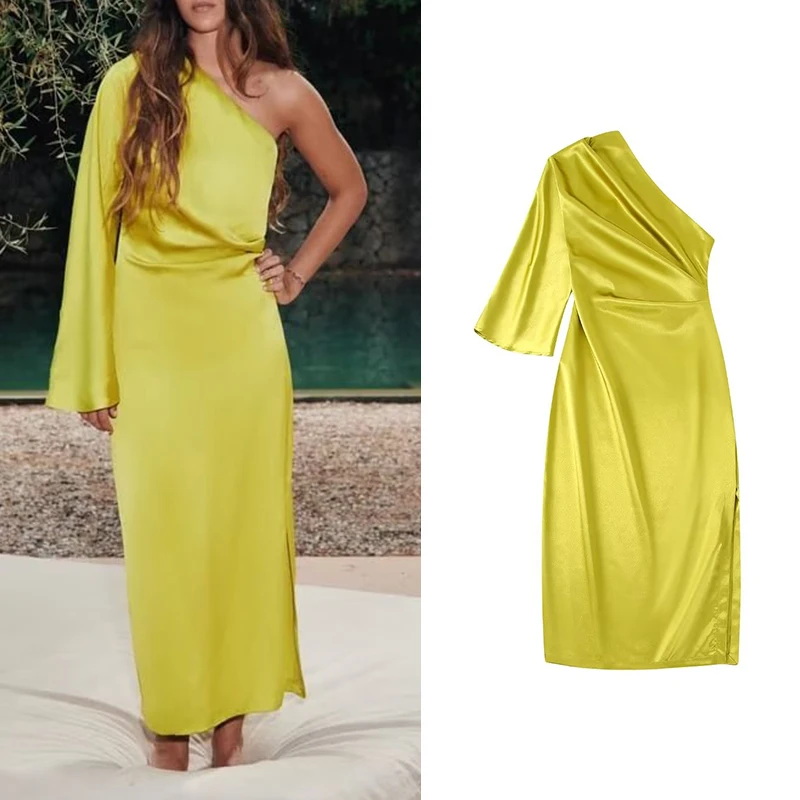

Summer 2022 Women Solid Asymmetrical Satin Dress Sexy One Shoulder Female Streetwear Fashion Long Dress Vestidos BB22925