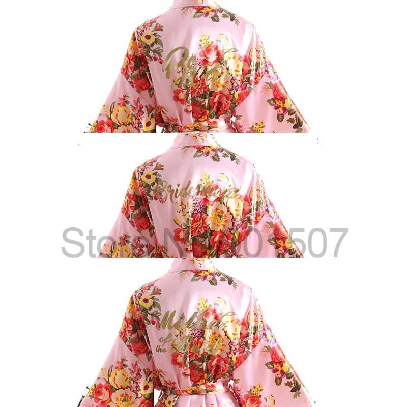 

Nightwear Women Print Flower Bronzing Bride Bridesmaid Satin Bathrobe Gown Loungewear Short Sleepwear Intimate Lingerie