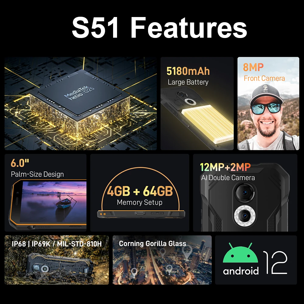 DOOGEE S51 4GB 64GB Smartphone 5180mAh Battery 12MP Camera Mobile Phone 6.0 Inch Display Android 12 NFC Cellphones - купить по