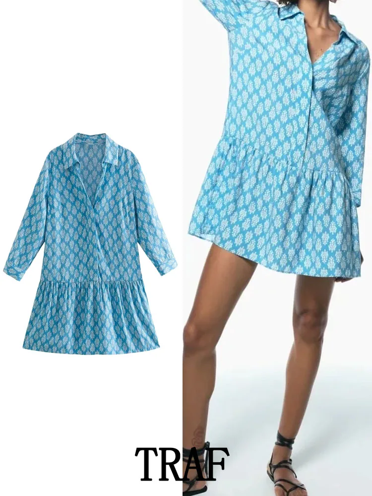 

Платье-мини женское летнее с отложным воротником и длинным рукавом