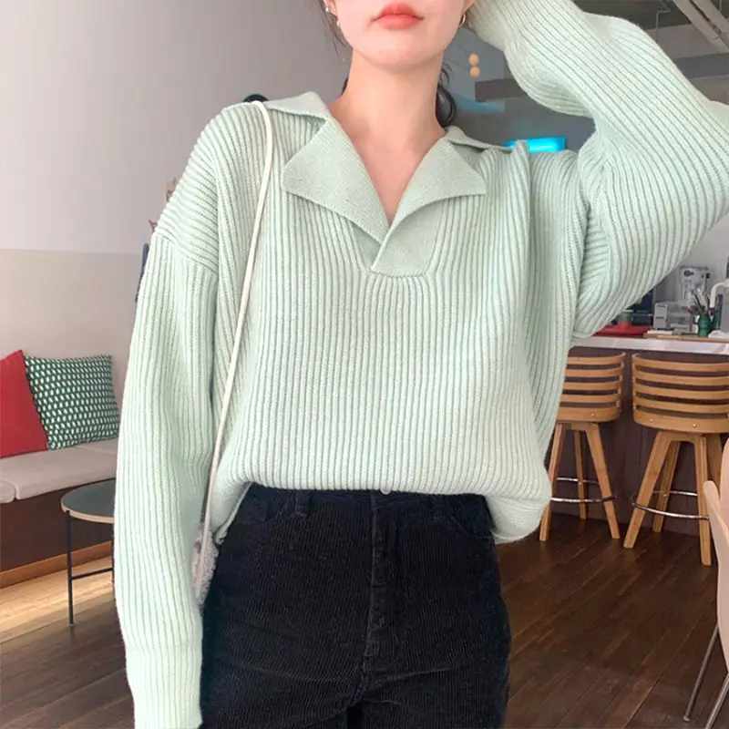 

Knit Tops for Woman Pullover Green Women's Sweater White Polo Collar Vintage Knitwear Streetwear Korean Fashion Tall Crochet In