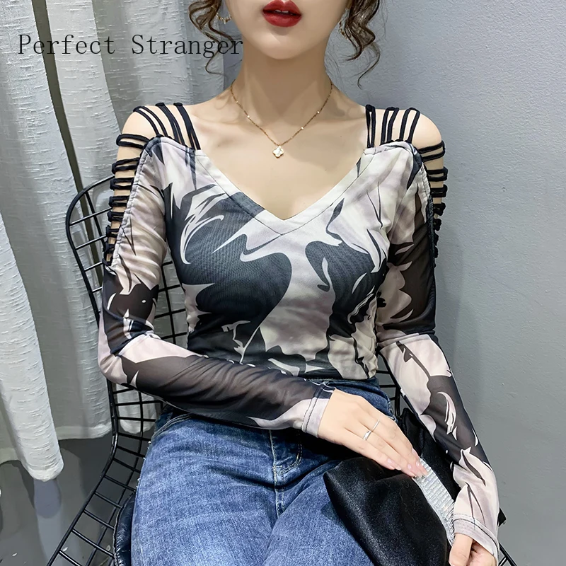 

2021 Autumn Women's T-Shirt Fashion Casual Long-Sleeved Off The Shoulder Print Tops Shirt Plus Size Blusas