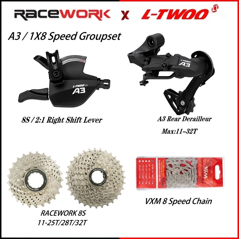 

LTWOO A3 1x8 Speed Groupset 8S Right Shifter Lever 8 Speed Rear Derailleur RACEWORK 8S Cassette 11-25T 28T 32T + VXM 8S Chain
