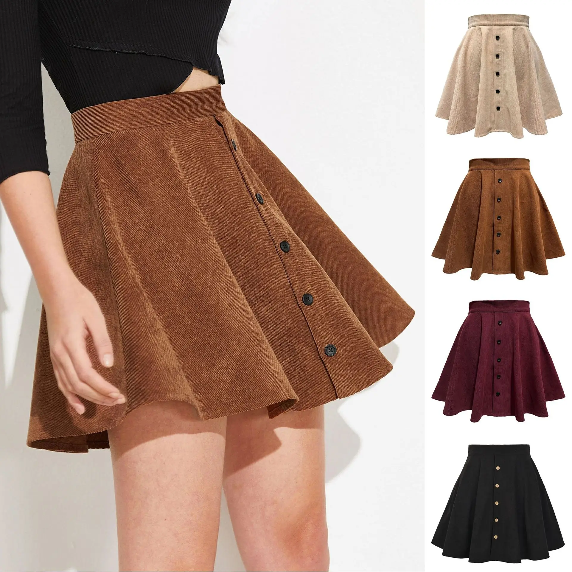 

Corduroy Button Front Flare Skirt Vintage High Waist Skirt Women Winter Casual Flared Skirts Elegant Ladies Street Wear