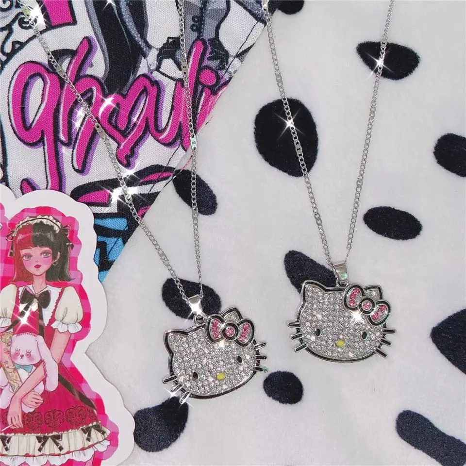 

Новинка, блестящее ожерелье Kawaii Sanrioed Hello Kitty, изысканная Женская цепочка до ключиц, ожерелье с камнями, ювелирные изделия для женщин, подарок