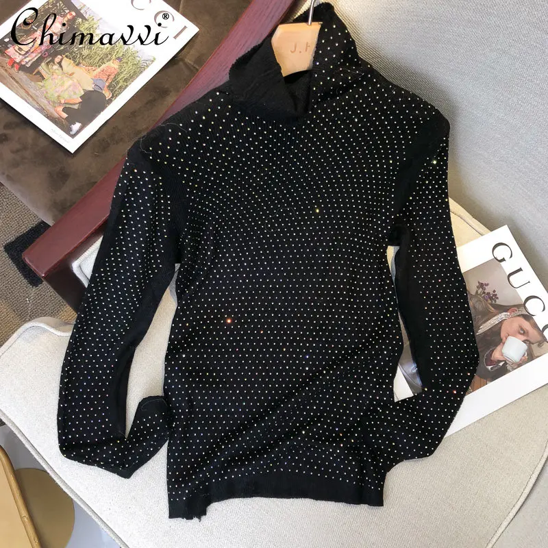 

Fashion All-Match Rhinestone Bottoming Shirt Women's Turtleneck Fall/Winter Slim Warm Inner Match Pullover Elegant Knitted Top