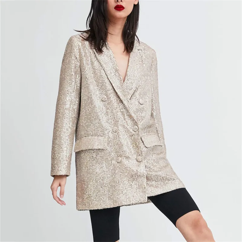 Women Pattern Sequined Blazer Feminino Glitter Casual Fashion Geometric Shiny Pockets Outerwear Vintage Female Long Sleeve Coats
