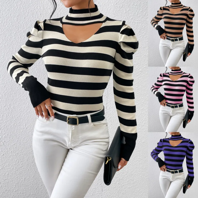 

Женский пуловер с V-образным вырезом, в полоску