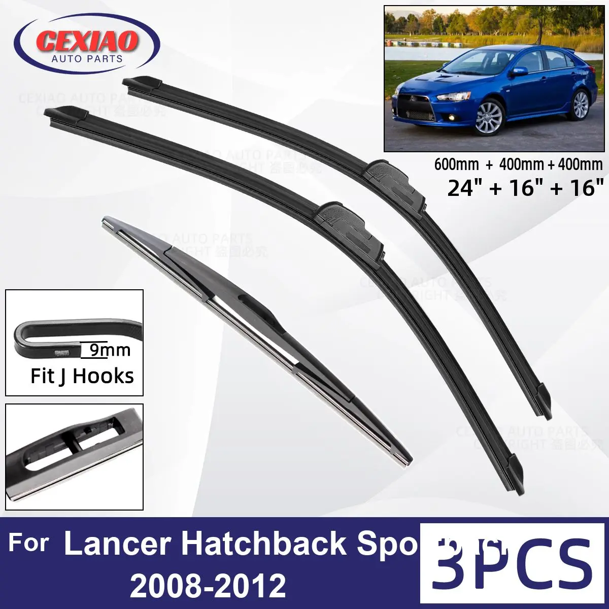 

For Mitsubishi Lancer Hatchback Sportback 2008 - 2012 Car Front Rear Wiper Blades Windscreen Wipers Auto Windshield 24"+16"+16"