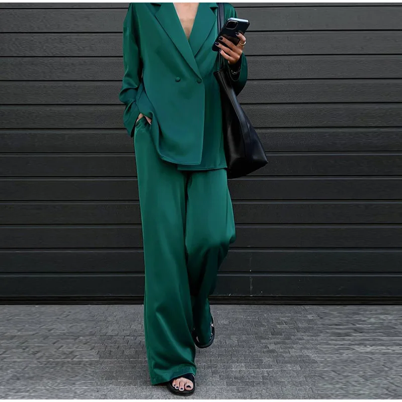 

Fashion Long Sleeve Blazer Two Piece Sets Women Outifits Casual Loose Office Pants Set Elegant Green Satin Trouser Suits
