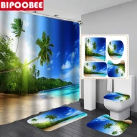 Sunny Beach Coconut Tree Shower Curtain Bathroom Curtains Coastal Scenery Non-slip Carpet Toilet Cover Bath Mat Rug Home Decor