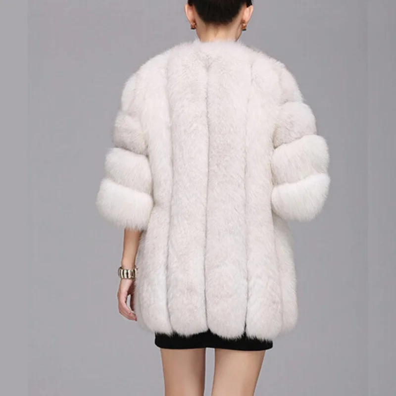 Women's Faux Fox Fur Coat Mid Length Fur Long Sleeves Jacket 2022 New Elegant Fashion Winter Streetwear Jacket For Ladies