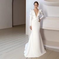 chic mermaid wedding dresses long sleeves white bridal gown v neck sweep train with bow custom civil formal party robe mariage