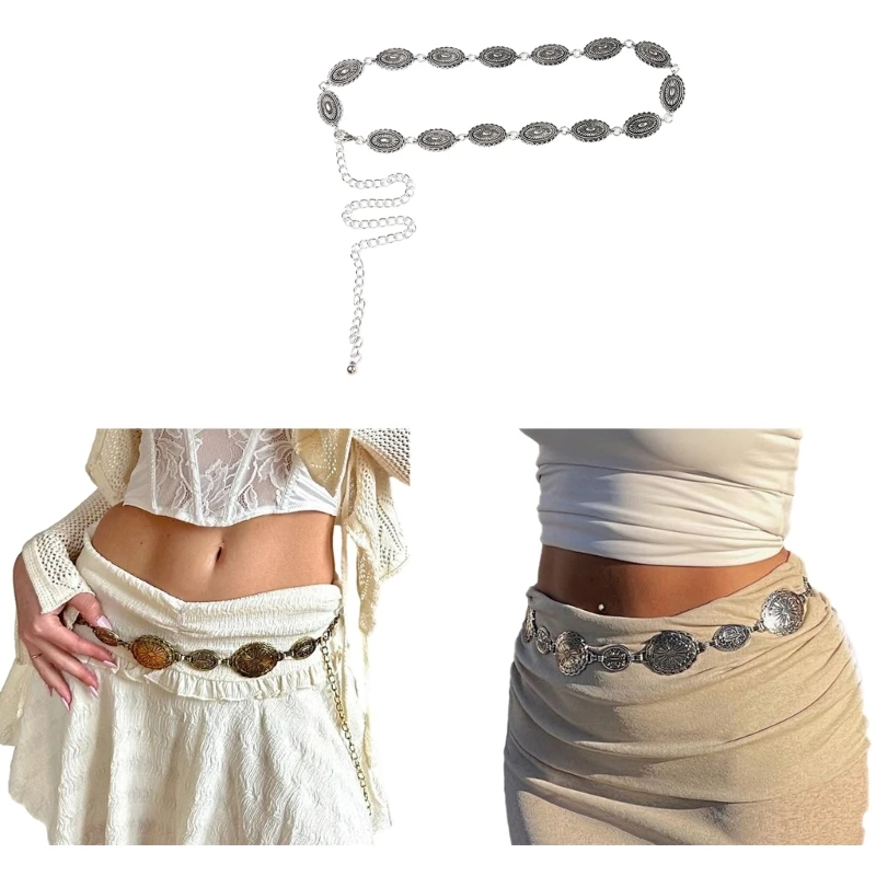 

652F Women Ethnic Style Thin Belt Carved Flower Buckle Decors Waist Belt Summer Dress