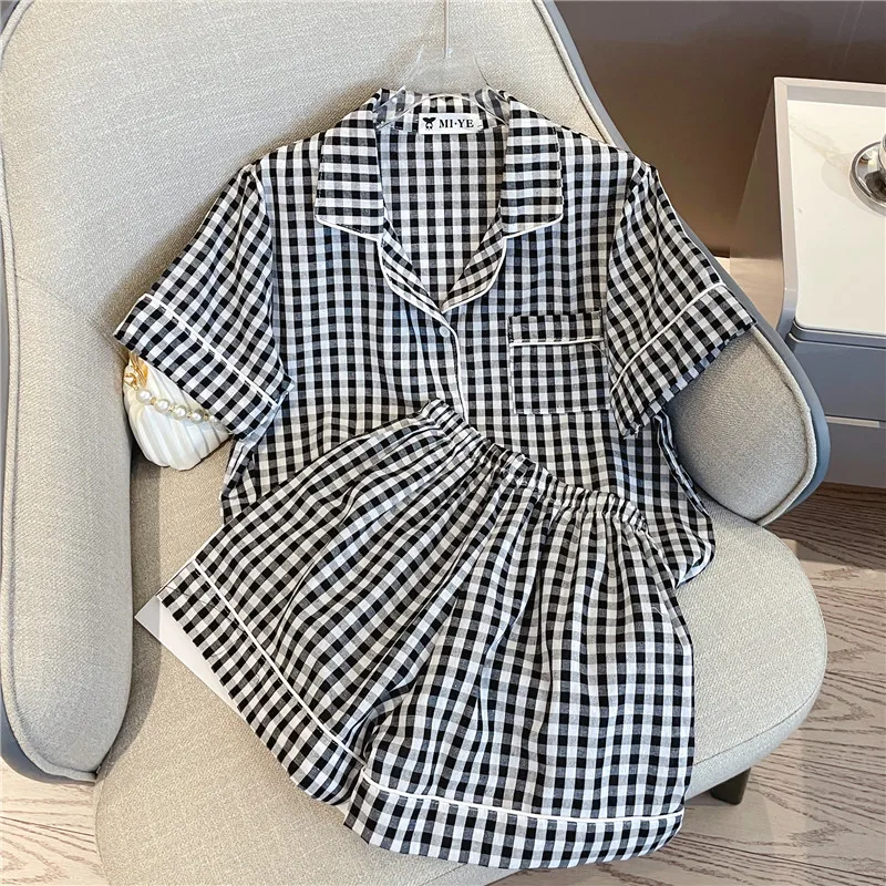 

Vintage Plaid Summer Pajamas Set Women Single Breasted Blouse + Shorts Two Piece Home Suit Korean Cotton Linen Sleepwear