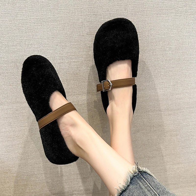 

Туфли-Лоферы женские с закрытым носком, меховые повседневные кроссовки, без застежки, круглый носок, без застежки, на плоской подошве, зимнее платье, 2023