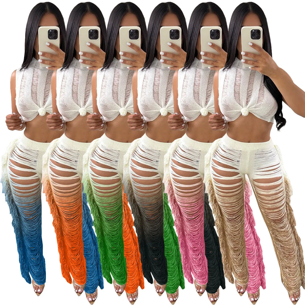 

Woman 2pcs Hole Knitted Suit gradient Color Sleeveless Crop Tank +tassel Pant Casual Tracksuit S-2XL