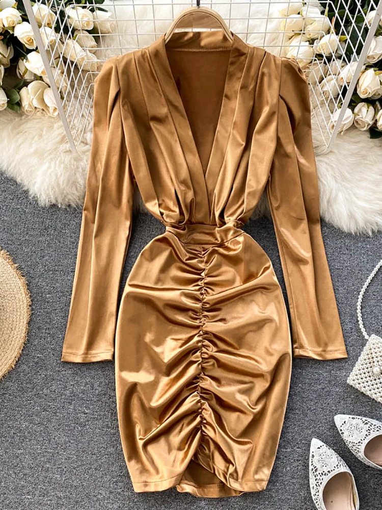

Autumn Women Draped Statin Bodycon Dress Vintage V-Neck Long Sleeve High Waist Sheath Vestidos Female Party Robe New Fashion
