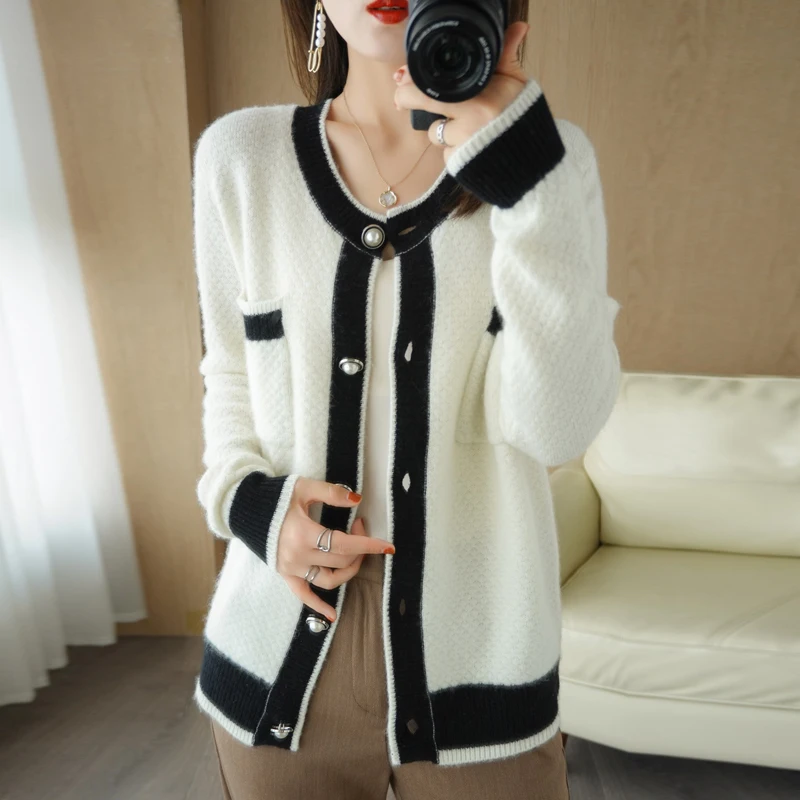100% Cashmere and Wool Sweater 2021 Autumn / Winter New Woman O-Neck Cardigan Korean Fashion Knitted Top Stitching Female Jacket