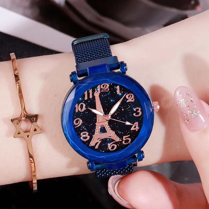 

Часы женские кварцевые с магнитной сеткой, романтические модные водонепроницаемые с изображением Эйфелевой башни в Париже, звездное небо