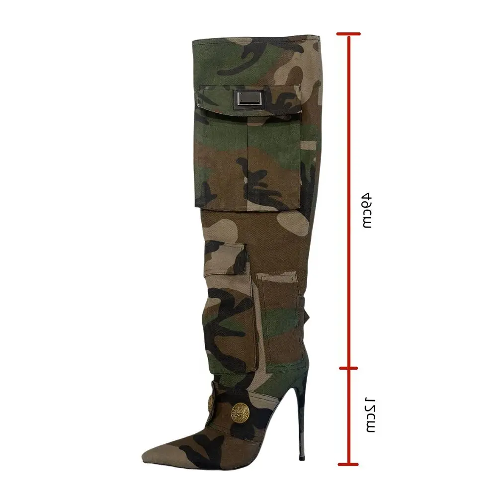 

Новые женские камуфляжные джинсовые сапоги до колена с острым носком и карманами на тонком высоком каблуке высокие сапоги на пуговицах винтажные модные пикантные сапоги без застежек