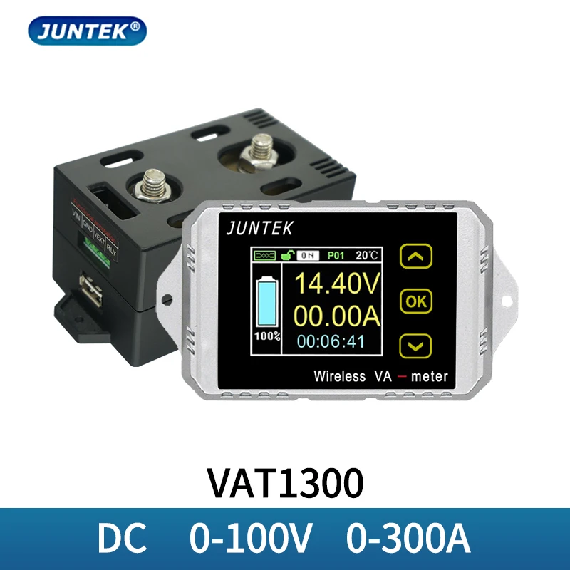 JUNTEK VAT1300 100V 300A Wireless ammeter voltmeter battery capacity monitoring coulomb counter 12V 24V 48V color screen  meter