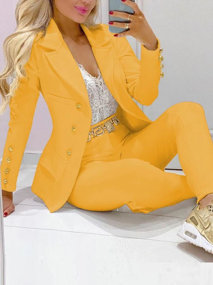 New Fashion High Waist Pants Sets Casual Commuter Blazer and Pants Two-Piece Solid Color Elegant Women's Blazer and Pants Set