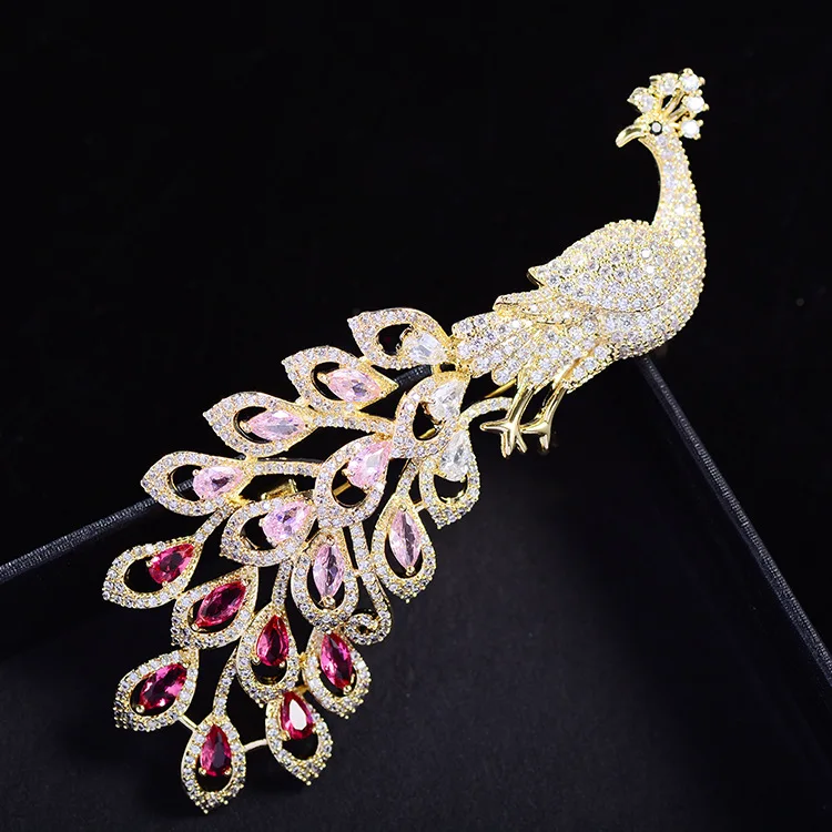 

Copper Inlaid Zircon Fashion Cute Animal Corsage Colorful Peacock Phoenix Brooch Women's Clothes Accessories Wedding Pins