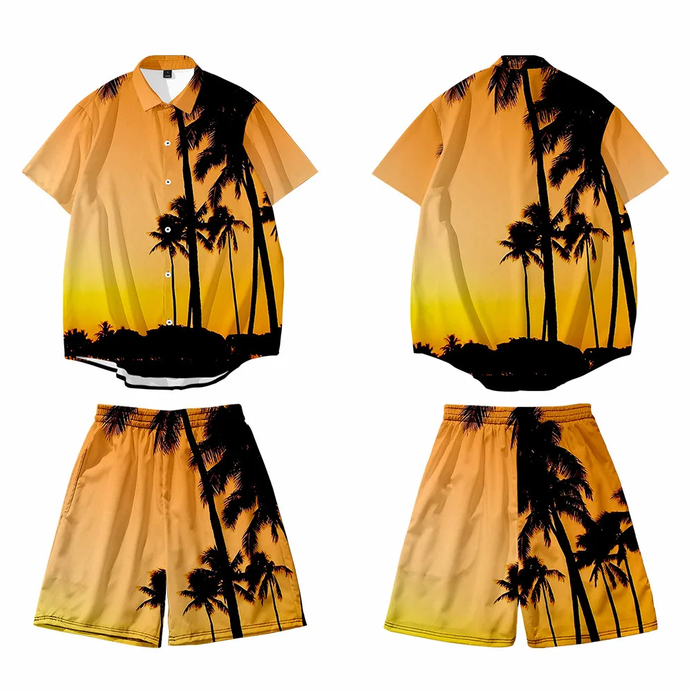 Summer Men 2PCS Pajamas Sets Turn-Down Collar T-Shirt&Shorts Pyjamas Suit Print Beach Holiday Shirts Casual Home Wear Oversize